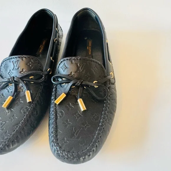 NWOT Louis Vuitton Black Monogram Loafers with Gold Accents - Picture 2 of 16
